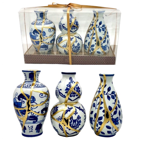 Kintsugi Vase Set Bombay Blue and White Porcelain Gold Crack Growth Gift - Picture 17 of 17